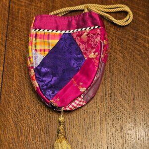 Silver Plum Silk Patchwork Boho Bag With Fringed Tassel. Snap Closure.